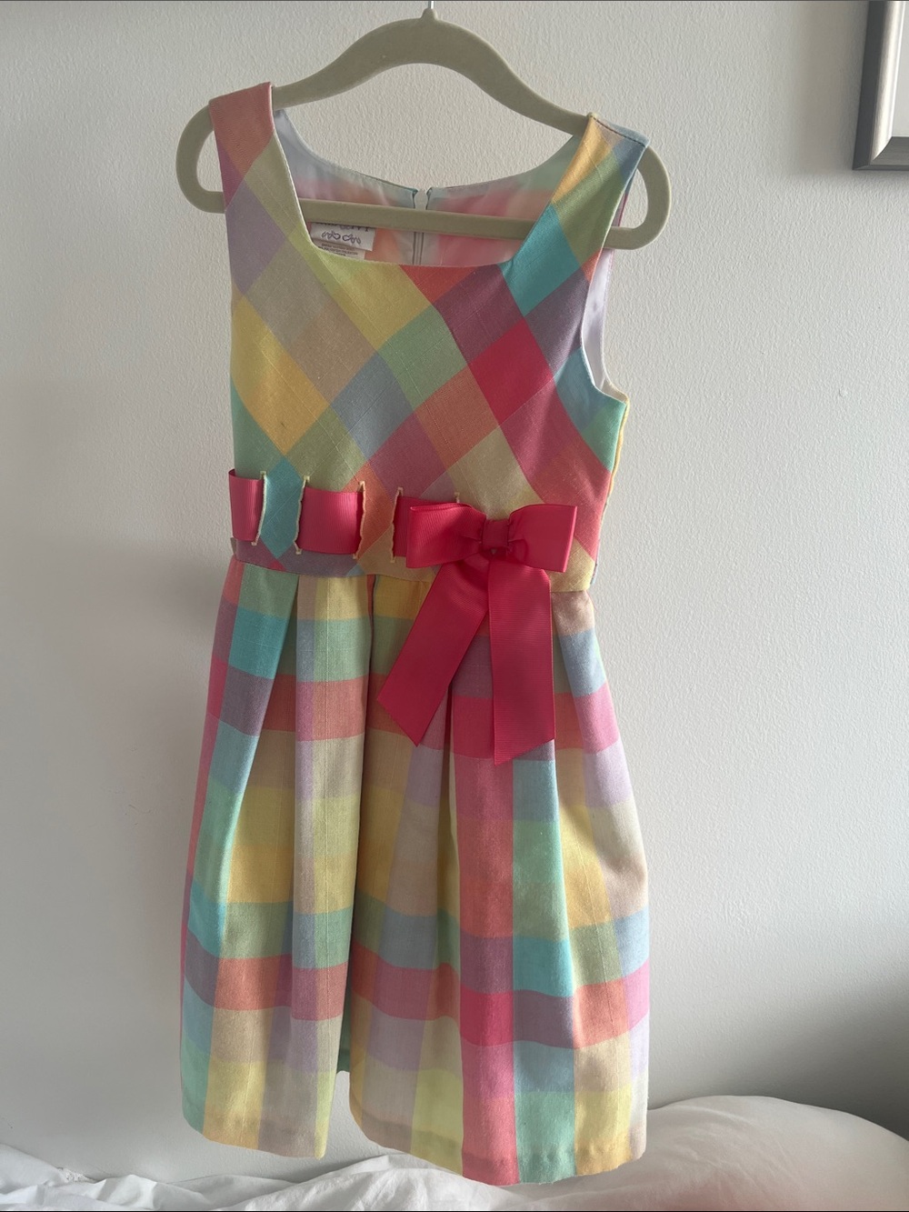 iris & ivy Pastel Plaid Sleeveless Dress with Pink Bow